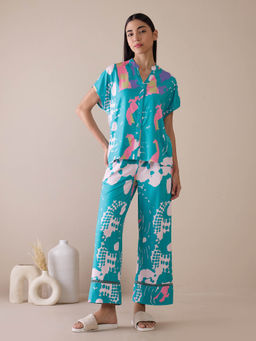 Sweet Dreams - Women Aqua Printed Top with Pyjama (Set of 2)