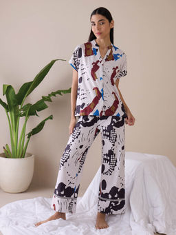 Sweet Dreams - Women Cream Printed Top with Pyjama (Set of 2)