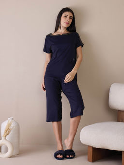 Sweet Dreams - Women Navy Blue Solid T-Shirt with Capri (Set of 2)