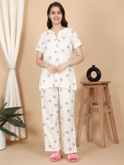 Sweet Dreams - Women White Printed Top with Pyjama (Set of 2)