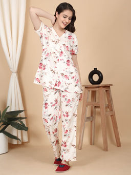 Sweet Dreams - Women Off White Floral Top with Pyjama (Set of 2)