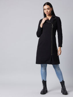 DOLCE CRUDO - Women Black Notch Collar Multi Panelled Solid Double Breasted Knee Length Jacket