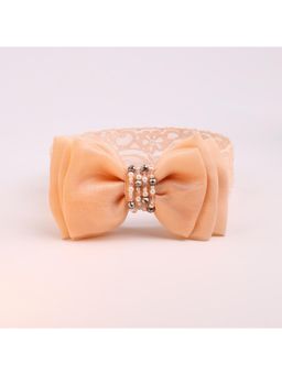 Choko - Chiffon Bow & Pearl Rhinestone Cluster Peach Lace Stretch Hair Band