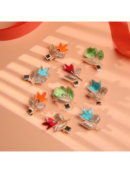 Choko - Girls Floral Leaf Embroidered Metal Hair Clips Festive & Wedding Set - (Pack of 8)