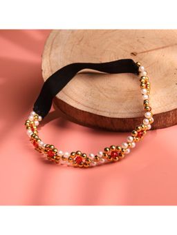 Choko - Girls Golden Beads & Red Crystal Flowers Hair Band – Ethnic Wear for Festive & Wedding Days