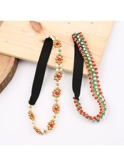 Choko - Girls Gold & Red Pearl Crystal Hair Bands – Ethnic Pieces for Daily, Festive & Weddings - (Pack of 2)