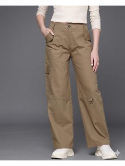 MIXT by Nykaa Fashion - Women Solid Taupe Flat Front High Rise Straight Leg Cargo Trousers