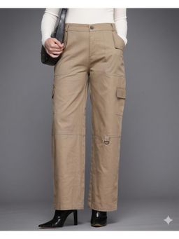 MIXT by Nykaa Fashion - Women Solid Beige Flat Front High Rise Straight Leg Cargo Trousers