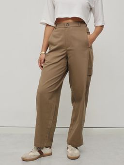 MIXT by Nykaa Fashion - Women Solid Taupe Pure Cotton Barrel Fit Cargo Trousers