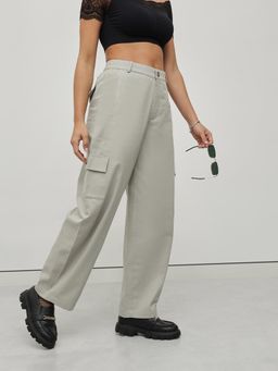 MIXT by Nykaa Fashion - Women Solid Steel Grey Pure Cotton Barrel Fit Cargo Trousers