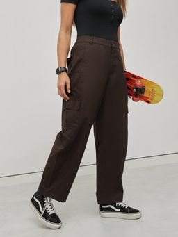 MIXT by Nykaa Fashion - Women Solid Coffee Brown Pure Cotton Barrel Fit Cargo Trousers