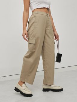 MIXT by Nykaa Fashion - Women Solid Khaki Pure Cotton Barrel Fit Cargo Trousers