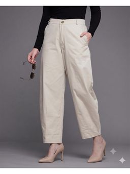 Twenty Dresses by Nykaa Fashion - Solid Beige Pure Cotton Barrel Fit Ankle Trouser