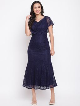 Latin Quarters - Navy Blue Midi Dress with Knot