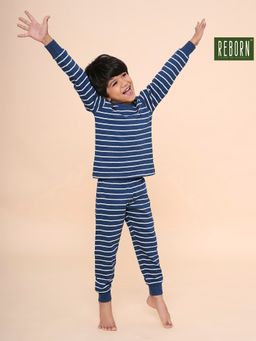 REBORN - Boys Stripe Printed Cotton T-Shirt with Joggers- Navy Blue & White (Set of 2)