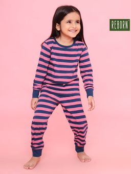 REBORN - Girls Stripe Printed Cotton T-Shirt with Joggers-Navy Blue & Pink (Set of 2)