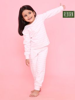 REBORN - Girls Stripe Printed Cotton T-Shirt with Joggers- Soft Pink & White (Set of 2)