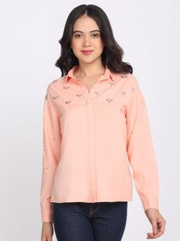 SHAYE - Peach Spread Collar Embellished Full Sleeves Party Shirt