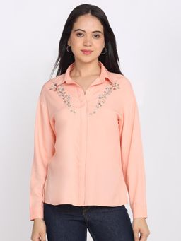 SHAYE - Peach Spread Collar Embellished Full Sleeves Party Shirt