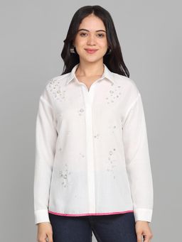 SHAYE - White Shirt Collar Embellished Full Sleeves Party Shirt