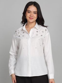 SHAYE - White Shirt Collar Embellished Full Sleeves Party Shirt