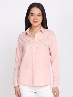 SHAYE - Pink Shirt Collar Embellished Full Sleeves Party Shirt
