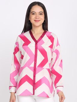 SHAYE - Pink V-Neck Chevron Print Full Sleeves Casual Shirt