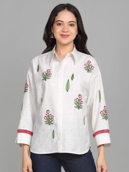 SHAYE - White Shirt Collar Embroidered Three-Quarter Sleeves Casual Shirt