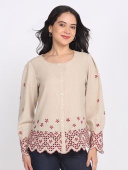 SHAYE - Beige Round Neck Embroidered Full Sleeves Casual Shirt