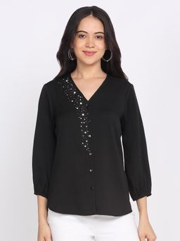 SHAYE - Black V-Neck Embellished Three-Quarter Sleeves Party Shirt