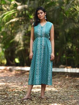 Chidiyaa - Petunias Perfume Teal Green Block Printed Cotton Dress