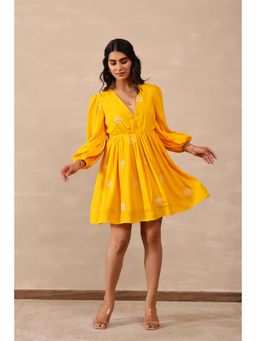 Masoomm - Yellow Daisy Floral Embroidered Mini Dress