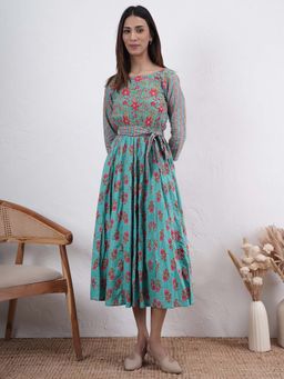 PINKSKY - Sea Green Floral Printed Boat Neck Dress with Belt (Set of 2)