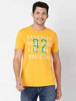 Spykar - Gold Yellow Cotton Half Sleeve Printed Casual T-Shirt For Men