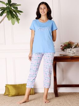 Bodycare - Blue Women Printed Half Sleeves T-Shirt with Capri