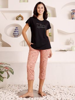Bodycare - Black Women Printed Half Sleeves T-Shirt with Capri