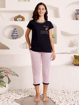 Bodycare - Navy Blue Women Printed Half Sleeves T-Shirt with Capri