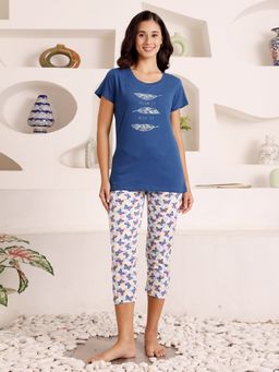 Bodycare - Blue Women Printed Half Sleeves T-Shirt with Capri