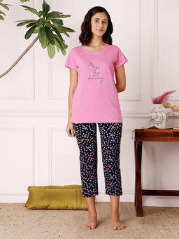 Bodycare - Pink Women Printed Half Sleeves T-Shirt with Capri