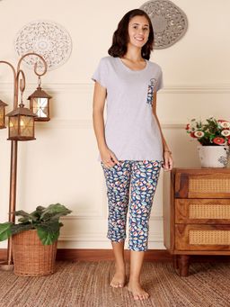 Bodycare - Grey Women Printed Half Sleeves T-Shirt with Capri