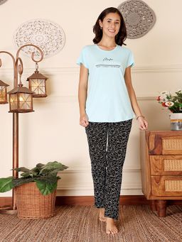 Bodycare - Blue Women Cotton Printed T-Shirt and Pyjama
