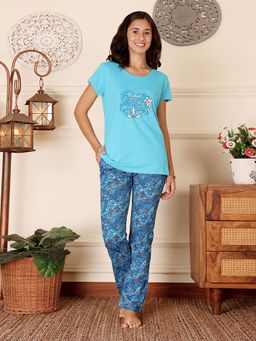 Bodycare - Blue Women Cotton Printed T-Shirt and Pyjama