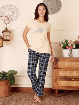 Bodycare - Beige Women Cotton Printed T-Shirt and Pyjama