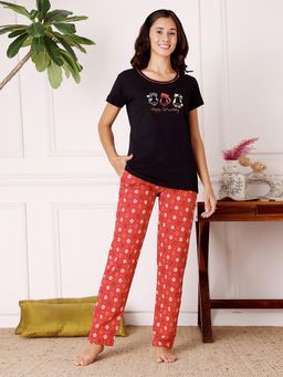 Bodycare - Black Women Cotton Printed T-Shirt and Pyjama
