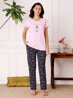 Bodycare - Pink Women Cotton Printed T-Shirt and Pyjama