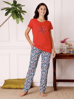 Bodycare - Orange Women Cotton Printed T-Shirt and Pyjama