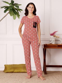 Bodycare - Orange Women Cotton Printed T-Shirt and Pyjama