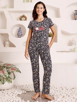 Bodycare - Navy Blue Women Cotton Printed T-Shirt and Pyjama