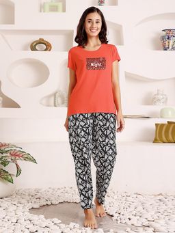 Bodycare - Orange Women Cotton Printed T-Shirt and Pyjama