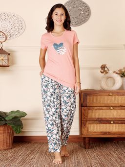 Bodycare - Peach Women Cotton Printed T-Shirt and Pyjama
